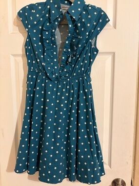 Bailey 44 Teal Polka Dot Ruffle V-Neck Dress